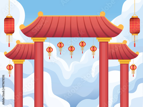 Chinese Gate Building or Paifang Building Architecture Illustration with Hanging Traditional Chinese Lamp. Happy Chinese New Year. Can use for greeting car, postcard, invitation, web, poster, banner.