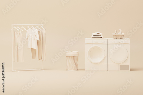 Washing machine and clothes on a hanger, storage shelf in monochrome cream background. Minimalist laundry room equipment concept. Trendy 3D rendering for social media banners, studios, presentations
 photo