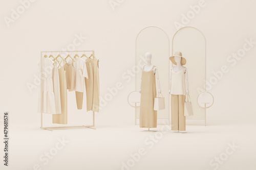 Clothes on grunge background, shelf on cream background. Collection of mannequin with clothes hanging on a rack in neutral beige colors. 3d rendering, store and bedroom concept	