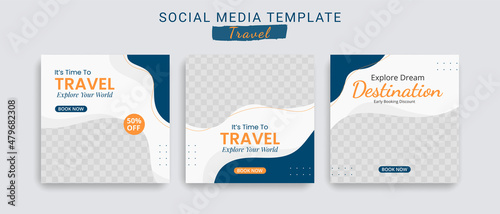 Editable template post for social media ad. Instagram template post. web banner ads for travel promotion .design with blue and yellow color. 
