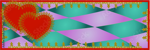 Fantasy style Valentine with tiles floor and gilded gold border for banner and red heart