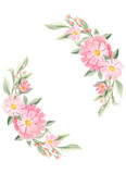 Spring flowers. Isolated frame for design of invitations, cards. Arrangement of pink and white wildflowers in the form of a wreath.