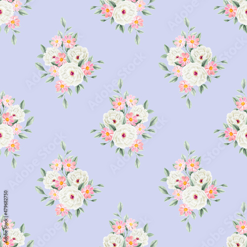 Spring flowers seamless pattern. Botanical background. Arrangement of pink and white wildflowers.