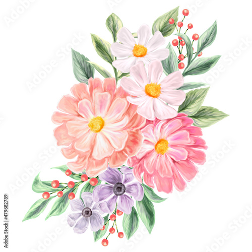 Bouquet of spring flowers. Isolated botanical illustration for design of invitations, greeting cards. Composition of pink and white wildflowers.