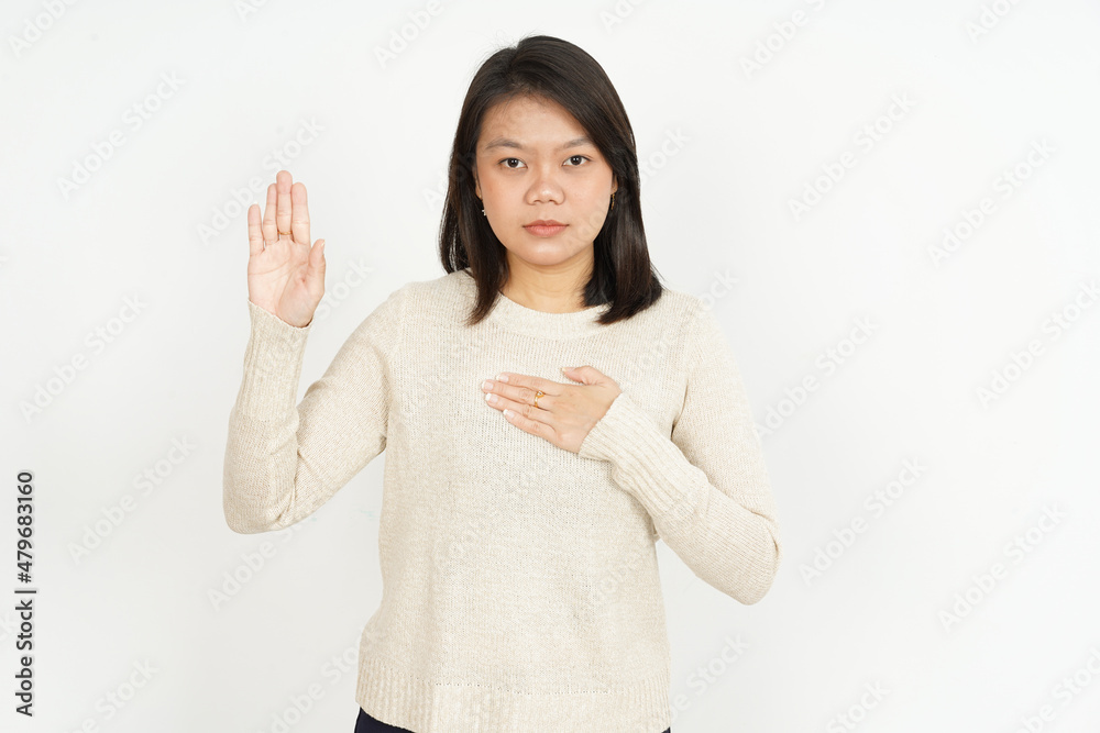 Swearing or Promise Gesture of Beautiful Asian Woman Isolated On White Background Swearing or Promise Gesture of Beautiful Asian Woman Isolated On White Background