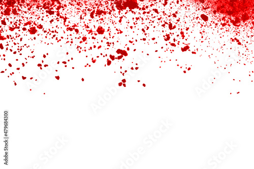 Freeze motion of red powder exploding  isolated on white background. Abstract design of red dust cloud. Particles explosion screen saver  wallpaper