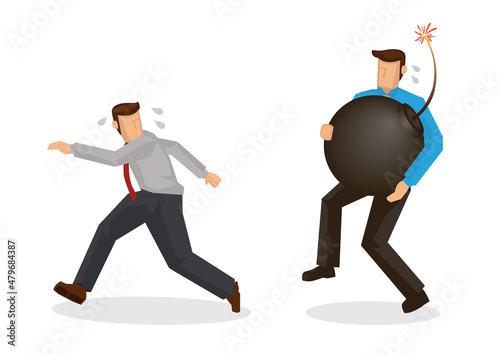 Businessman holding a huge bomb and his colleague running away from him