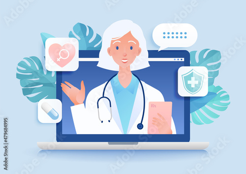 Telemedicine concept vector illustration. Visiting female doctor using online technology through laptop computer.