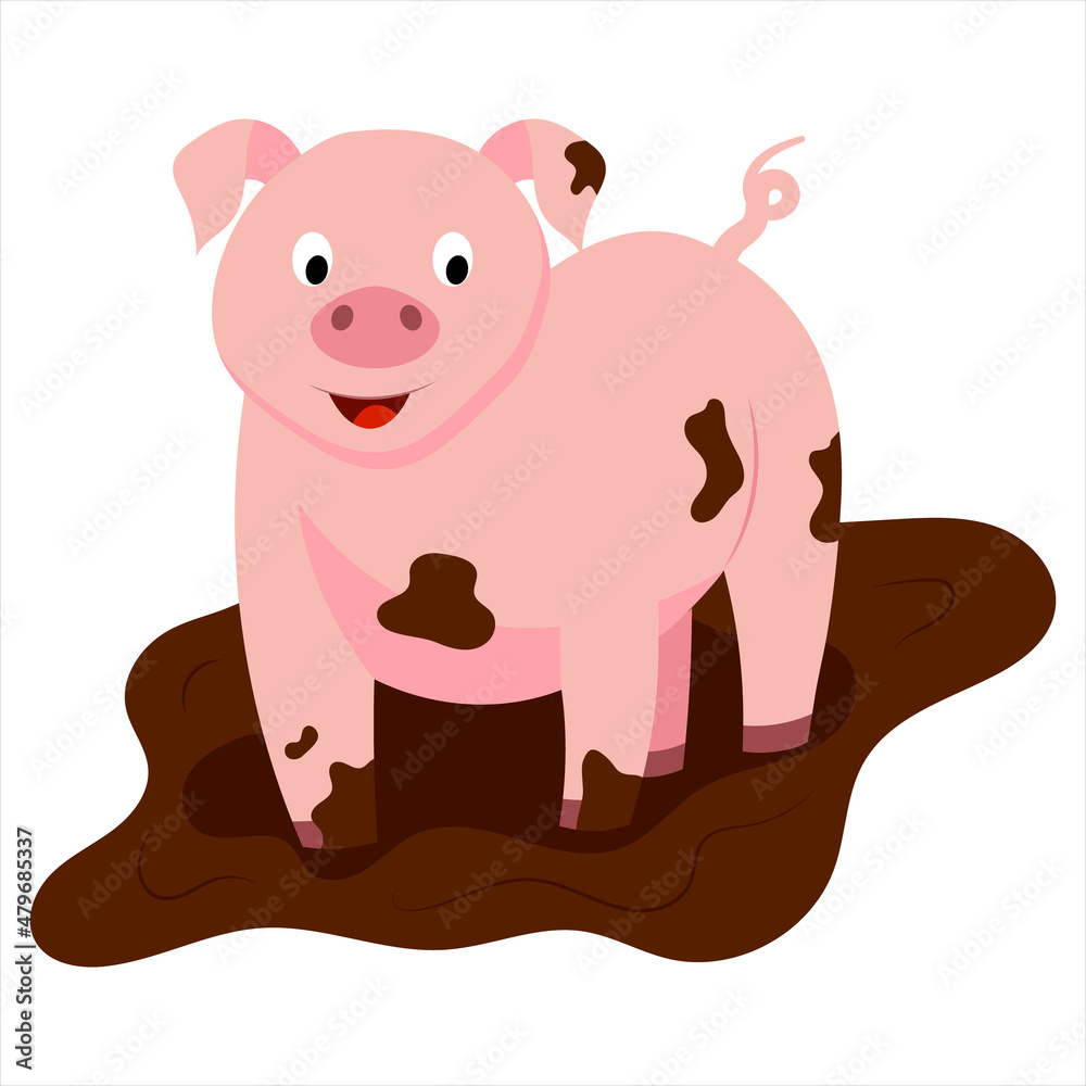 vector illustration of a cute cartoon pig standing in the mud. vector illustration of a cute cartoon pig standing in the mud.