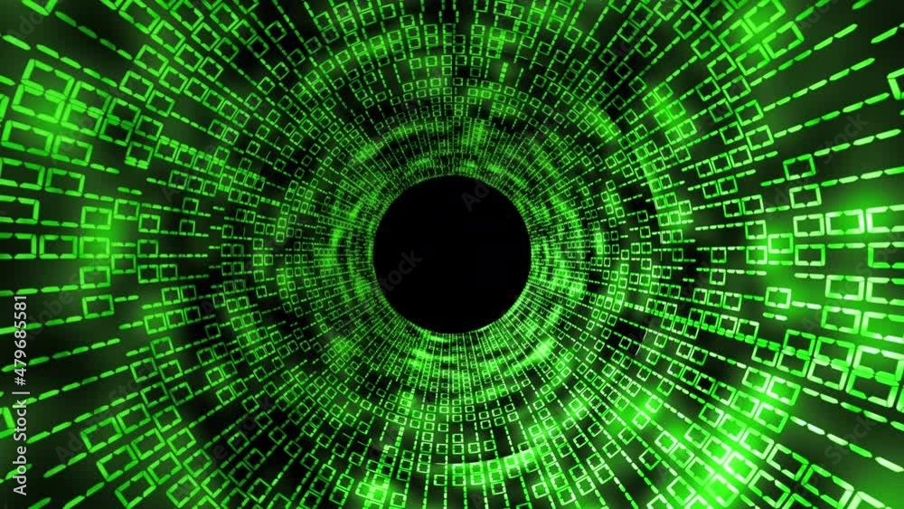 A tunnel depicting data travelling in form of binary. Apt for technology communication digital and byte stream videos. Green in color.