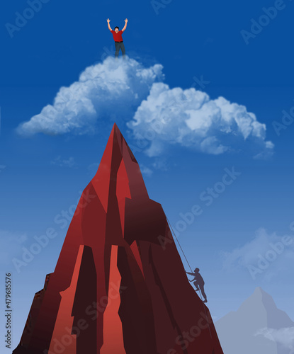 Photography A man climbs beyond the summit of a mountain and reaches the top of a cloud hovering above the summit