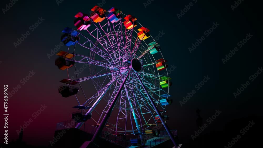 A colourful Ferris wheel spinning slowly during a dark night in an endless loop