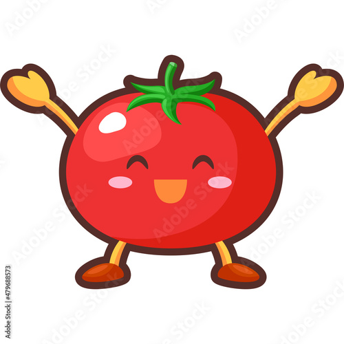 両手を挙げる笑顔がかわいいトマトのキャラクターのイラスト