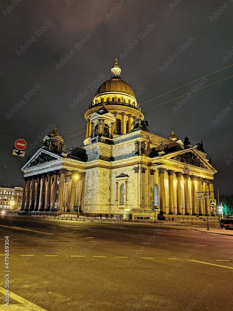 St. Isaac's Cathedral in St. Petersburg on an early, dark, winter morning.