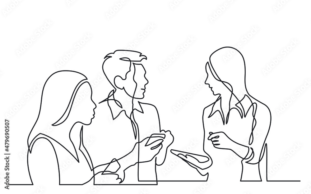 three diverse young professionals holding smartphones discussing work as team continuous line drawing three diverse young professionals holding smartphones discussing work as team continuous line drawing
