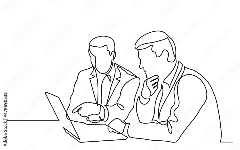 two businessmen discuss work project on laptop computer screen during meeting continuous line drawing two businessmen discuss work project on laptop computer screen during meeting continuous line drawing