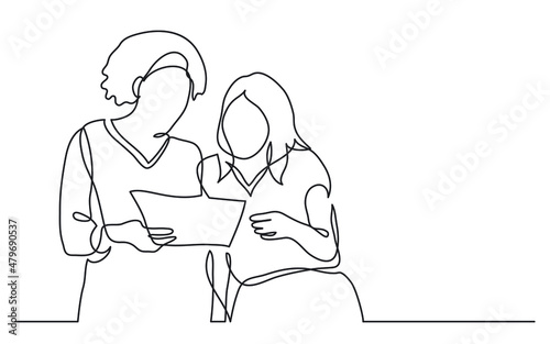 two diverse team members discuss work project on paper during meeting continuous line drawing