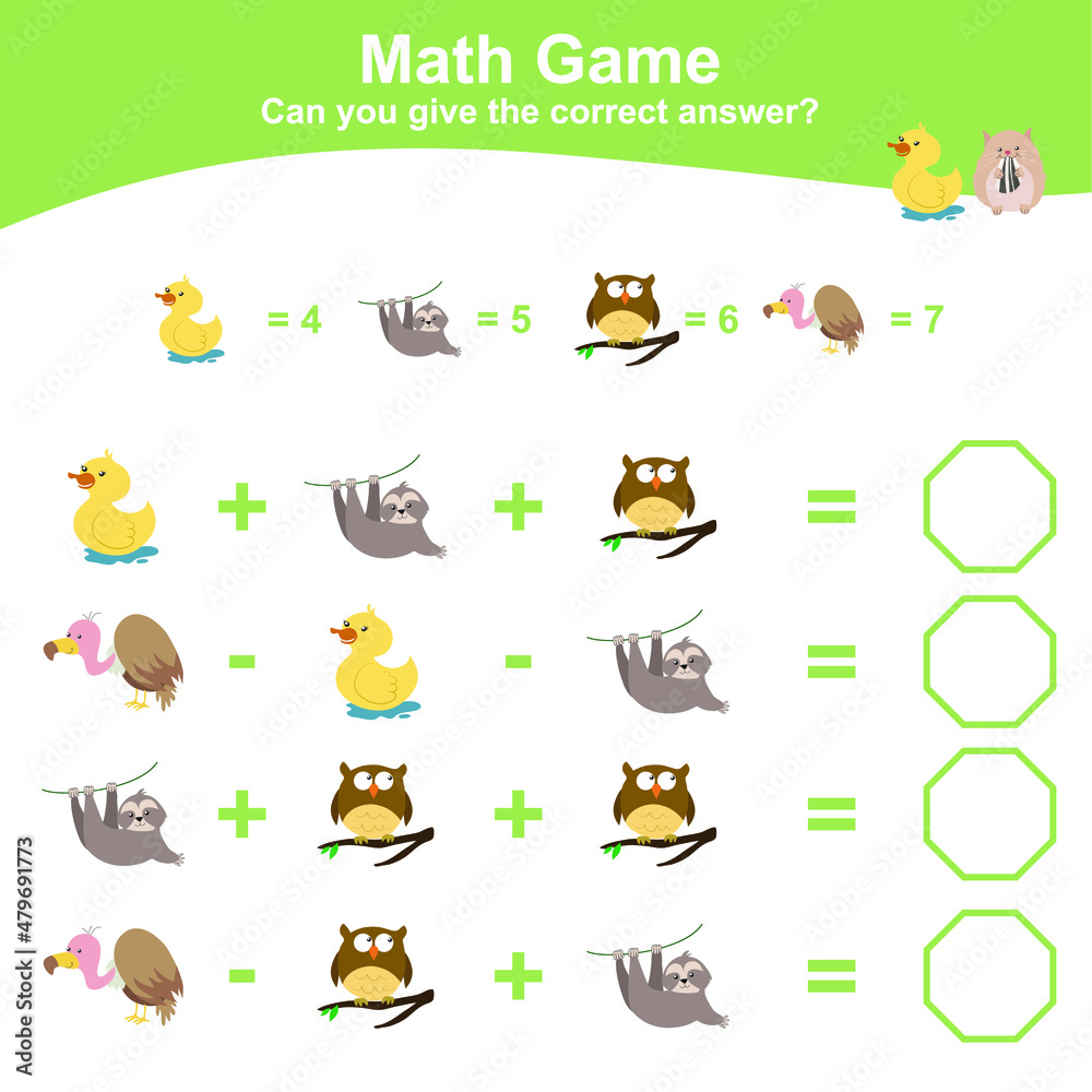 Animal theme Math Game for Preschool. Educational printable math worksheet. Additional and subtraction math for kids. Vector file.