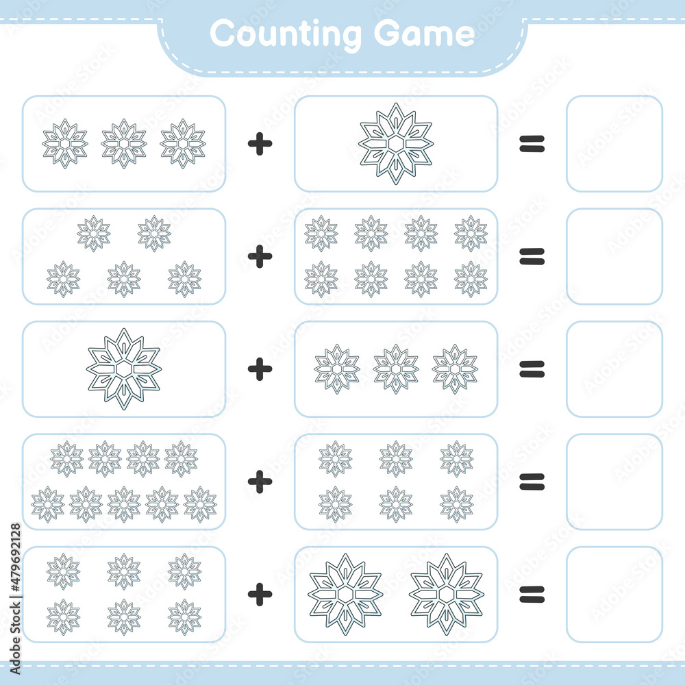 Counting game, count the number of Snowflake and write the result. Educational children game, printable worksheet, vector illustration