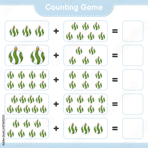 Counting game, count the number of Christmas Ball and write the result. Educational children game, printable worksheet, vector illustration