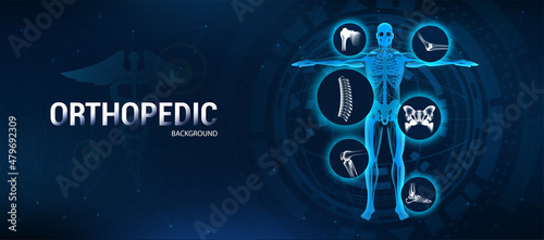 Rheumatology Medical banner with with human joints and bones and 3D x-ray skeleton. Healthcare banner, joint diseases treatment - Spine, shoulder, elbow, pelvis, knee and ankle. Vector orthopedic