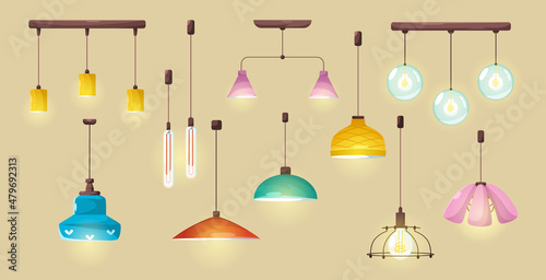 Modern ceiling lamps, stylish pendant electric lights for home or office interior. Vector cartoon set of hanging illumination accessory, chandeliers with lampshades isolated on background