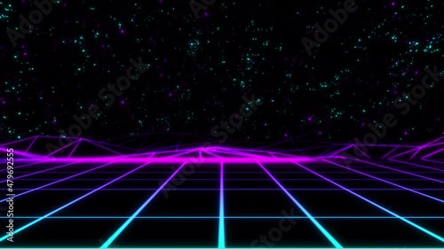 Concept 12-N1 Infinite abstract neon retrowave looping animated background with moving grid floor, moving terrain, stars motion and twinkling or blinking stars.