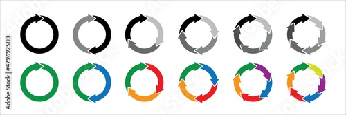 Colorful circle arrow icon set. Symbol of reload, refresh, loading, recycle and repeat. Interconnecting round arrow vector icons set. One, two, three, four, five, six arrow in the loop.