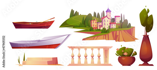Set of summer mediterranean landscape with city on hill, boats, marble fence, steps and trees in pots. Vector cartoon illustrations of south european town, ships and balustrade