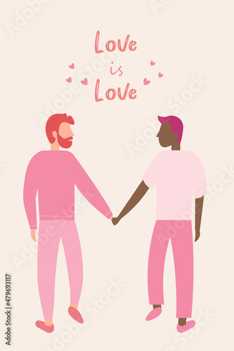 happy gay couple in casual clothes, valentine's day greeting card, love