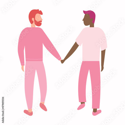 happy gay couple in casual clothes, valentine's day greeting card, love