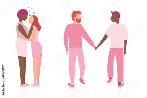 Two enamored girl hugging enjoy meeting vector flat illustration. Happy homosexual woman smiling feeling love and positive emotion isolated on white. Joyful lgbt couple at romantic date, gay people