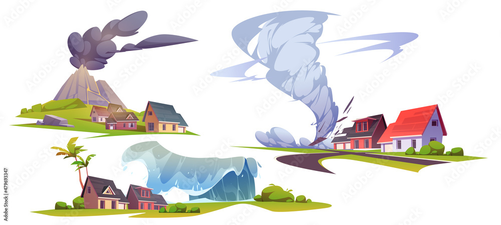 Natural disasters, volcanic eruption, tsunami and tornado. Vector cartoon  set of illustration of nature cataclysms with houses, volcano, water wave  and wind storm Stock Vector | Adobe Stock
