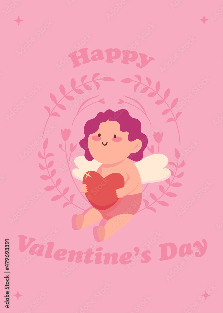 Valentine's day postcard.Happy Valentines day. Baby cupid with arrow. Festive valentine's day greeting card