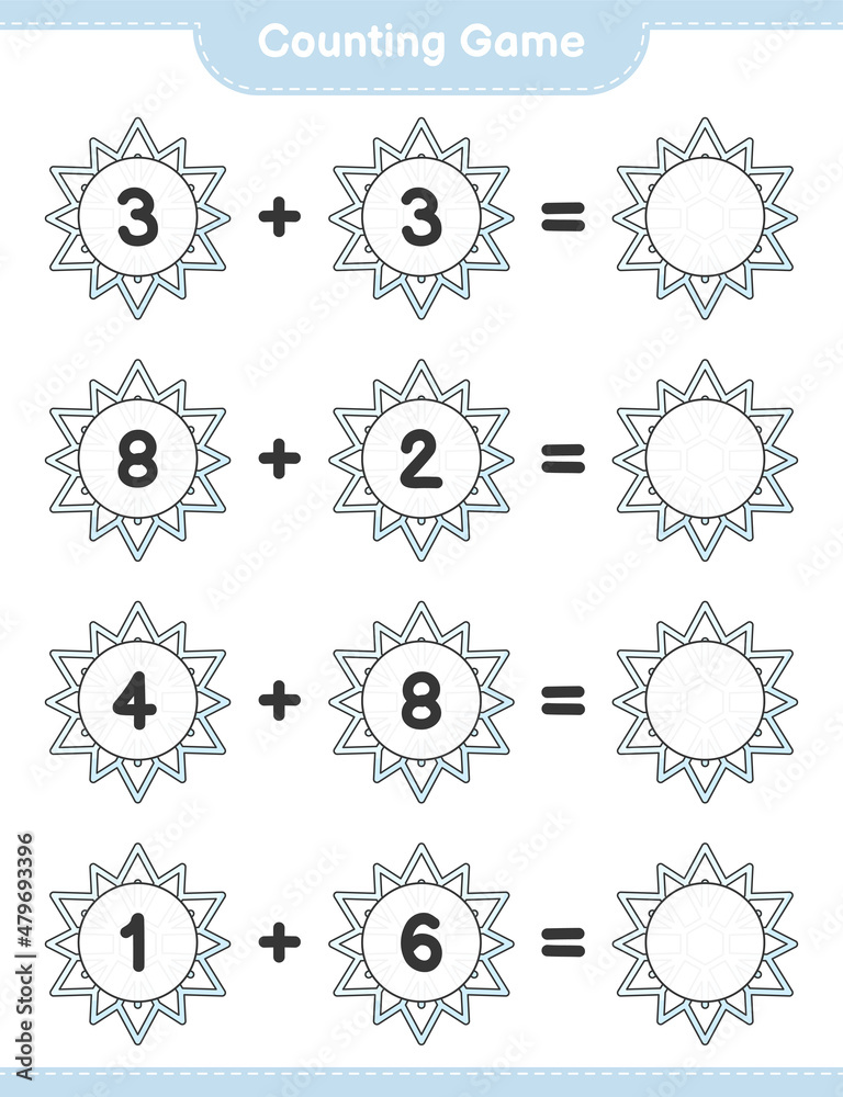 Counting game, count the number of Snowflake and write the result. Educational children game, printable worksheet, vector illustration Counting game, count the number of Snowflake and write the result. Educational children game, printable worksheet, vector illustration