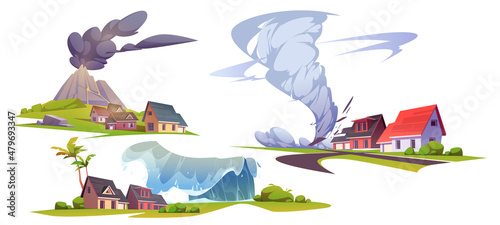 Natural disasters, volcanic eruption, tsunami and tornado. Vector cartoon set of illustration of nature cataclysms with houses, volcano, water wave and wind storm