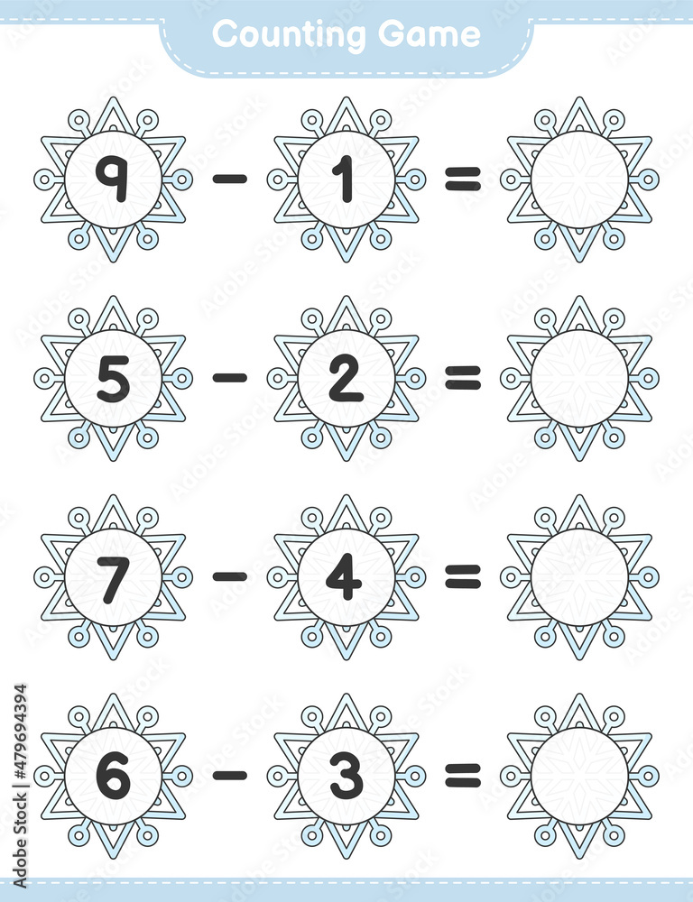 Counting game, count the number of Snowflake and write the result. Educational children game, printable worksheet, vector illustration