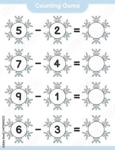 Counting game, count the number of Snowflake and write the result. Educational children game, printable worksheet, vector illustration