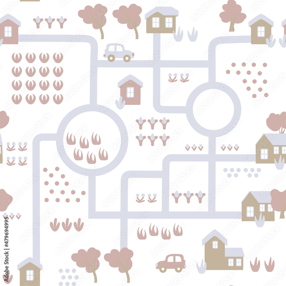 Seamless pattern for kids. Cartoon road and houses. Children's fabric, textiles, bedding. Vector map