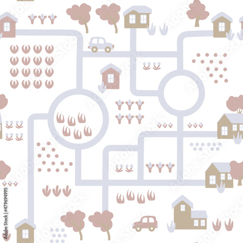 Seamless pattern for kids. Cartoon road and houses. Children s fabric  textiles  bedding. Vector map