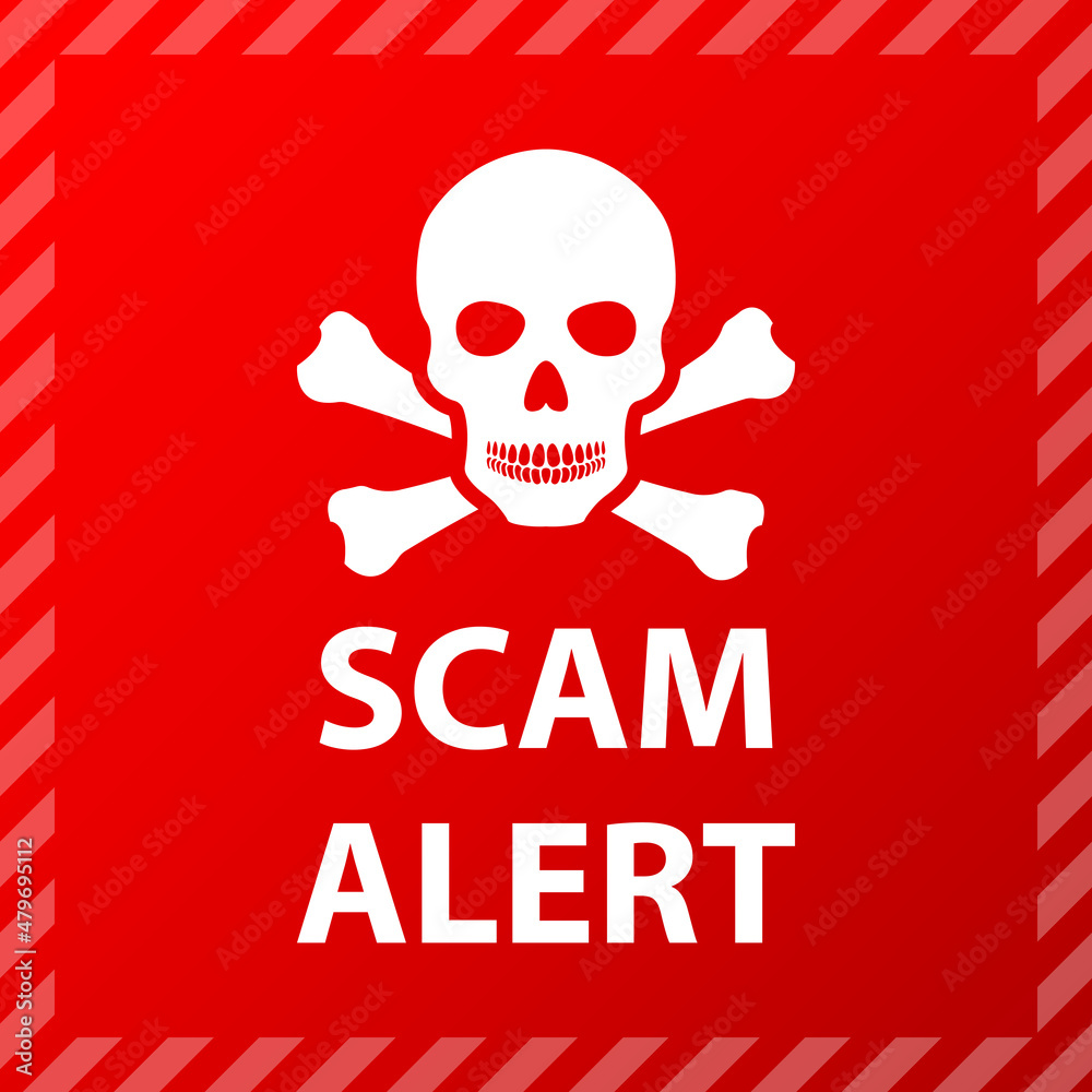 Scam alert. skull icon. Flat illustration on red background