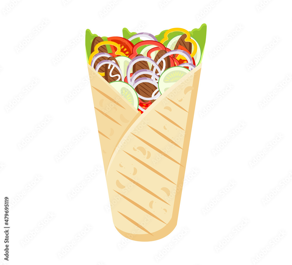 Shawarma Turkish takeaway fast food. Realistic pita bread roll with chicken or beef meat, salad and vegetables. Tortilla wrap. Kebab, burrito. Shawarma sandwich. Shawarma Turkish takeaway fast food. Realistic pita bread roll with chicken or beef meat, salad and vegetables. Tortilla wrap. Kebab, burrito. Shawarma sandwich.