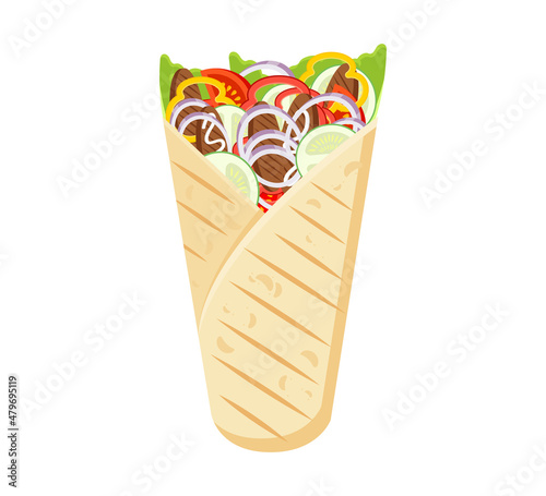 Shawarma Turkish takeaway fast food. Realistic pita bread roll with chicken or beef meat, salad and vegetables. Tortilla wrap. Kebab, burrito. Shawarma sandwich.