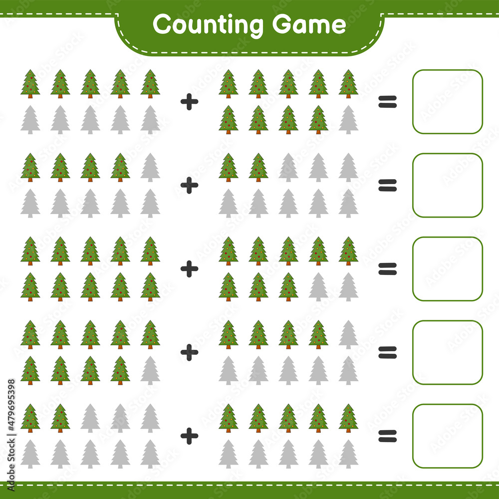 Counting game, count the number of Christmas Tree and write the result. Educational children game, printable worksheet, vector illustration Counting game, count the number of Christmas Tree and write the result. Educational children game, printable worksheet, vector illustration