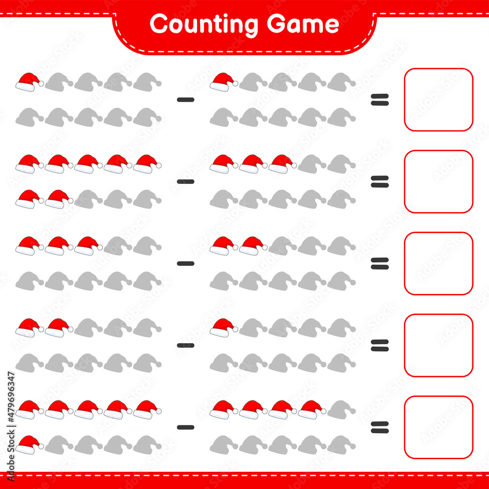 Counting game, count the number of Santa Hat and write the result. Educational children game, printable worksheet, vector illustration Counting game, count the number of Santa Hat and write the result. Educational children game, printable worksheet, vector illustration