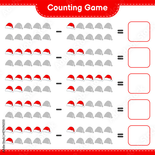 Counting game, count the number of Santa Hat and write the result. Educational children game, printable worksheet, vector illustration