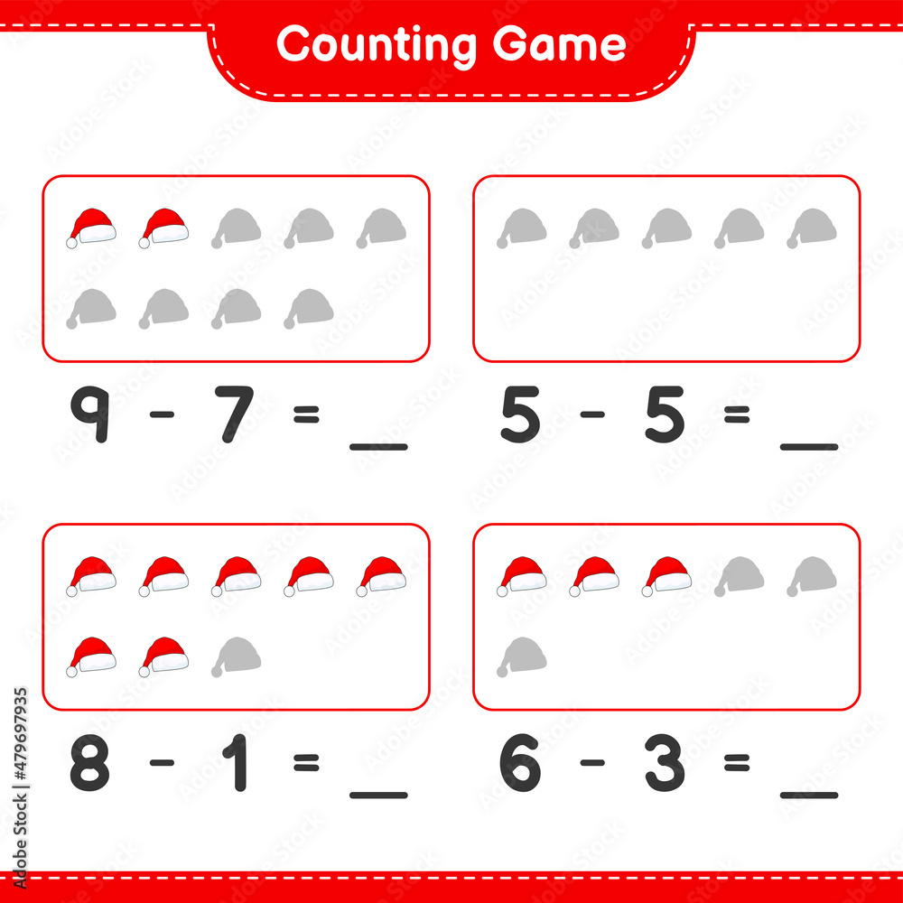 Counting game, count the number of Santa Hat and write the result. Educational children game, printable worksheet, vector illustration Counting game, count the number of Santa Hat and write the result. Educational children game, printable worksheet, vector illustration