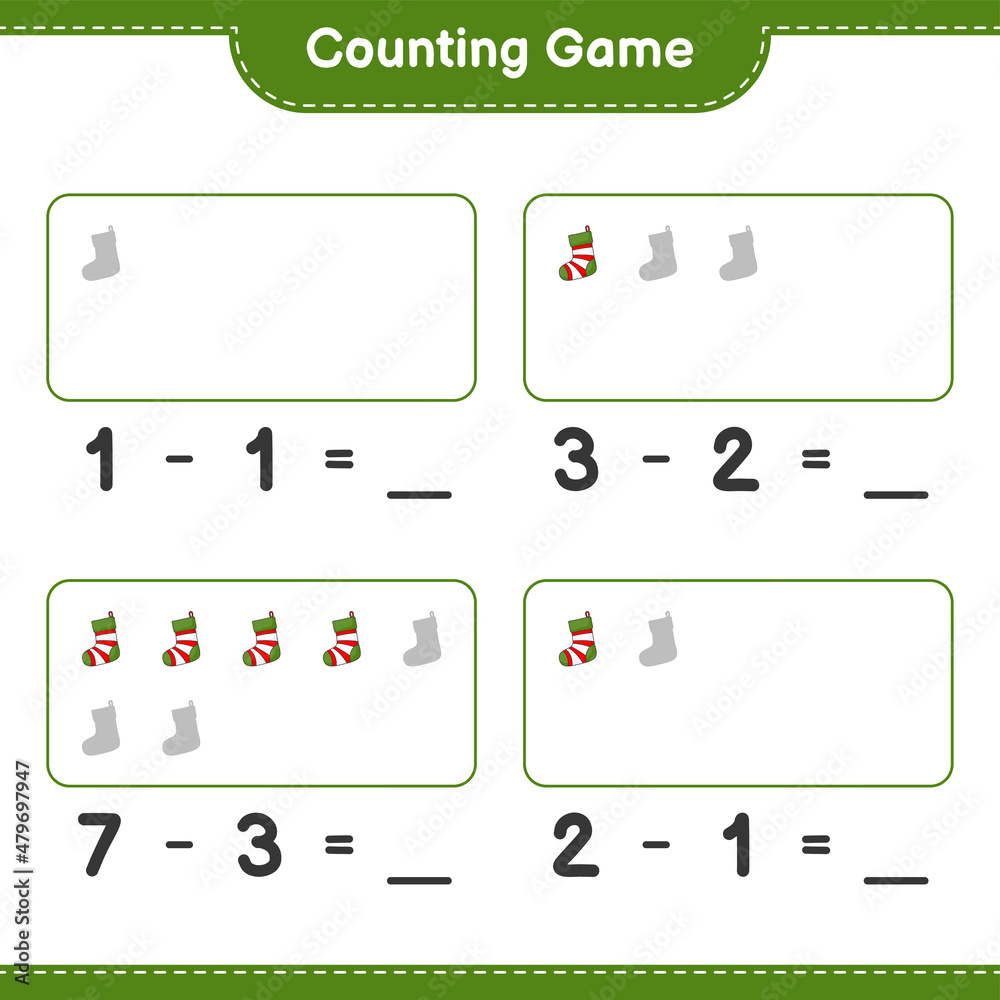Counting game, count the number of Christmas Sock and write the result. Educational children game, printable worksheet, vector illustration Counting game, count the number of Christmas Sock and write the result. Educational children game, printable worksheet, vector illustration