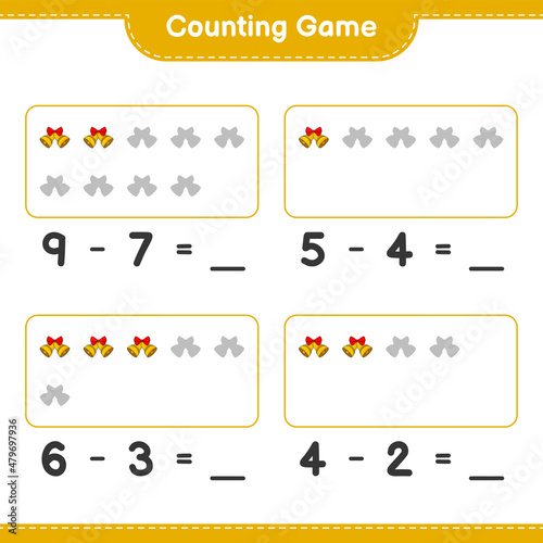 Counting game, count the number of Christmas Bell and write the result. Educational children game, printable worksheet, vector illustration