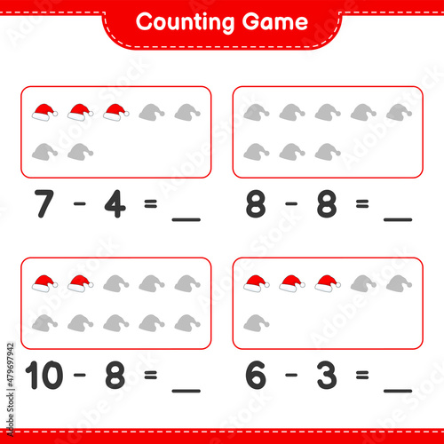 Counting game, count the number of Santa Hat and write the result. Educational children game, printable worksheet, vector illustration